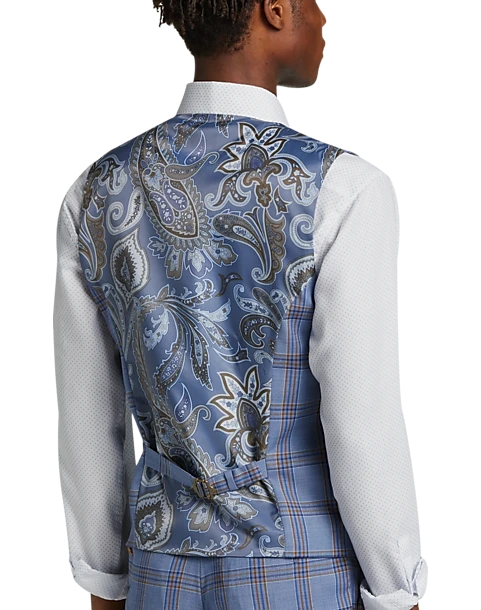 Tayion Classic Fit Suit Separates Double Breasted Vest, Navy & Rust Plaid - Image 2