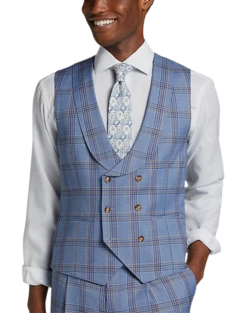 Tayion Classic Fit Suit Separates Double Breasted Vest, Navy & Rust Plaid