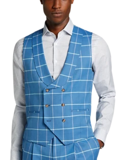 Tayion Classic Fit Suit Separates Double Breasted Vest, Blue & Cream Windowpane Plaid