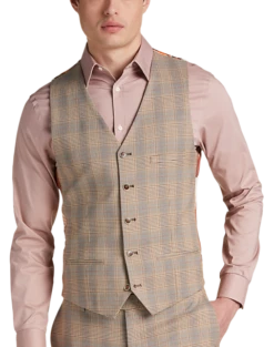 Paisley & Gray Slim Fit Suit Separates Vest, Tan And Gray Plaid