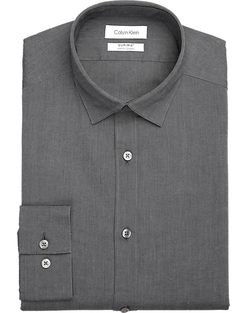 Calvin Klein Refined Cotton Stretch Supima Slim Fit Hidden Button-Down Collar Dress Shirt, Charcoal