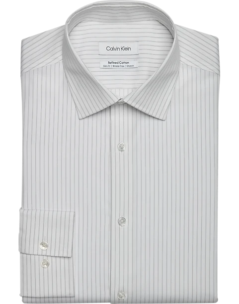 Calvin Klein Refined Cotton Stretch Supima Slim Fit Dress Shirt, Gray Stripe