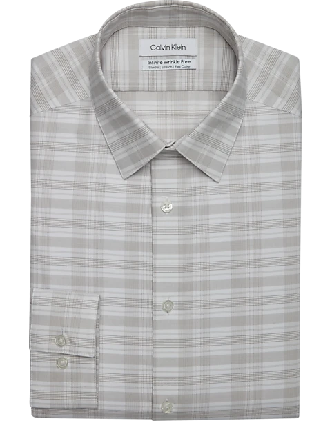 Calvin Klein Infinite Wrinkle Free Slim Fit Stretch Collar Dress Shirt, Taupe Plaid