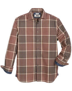 Joseph Abboud Modern Fit Spread Collar Sport Shirt, Navy And Tan Plaid