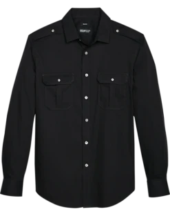 Awearness Kenneth Cole Slim Fit Twill Military Sport Shirt, Black