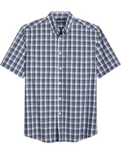 Haggar Modern Fit LIFE KHAKI™ Short Sleeve Plaid Sport Shirt, Dark Blue Plaid