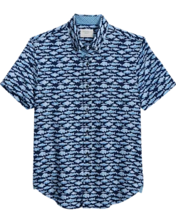 Con.Struct Slim Fit Short Sleeve Sport Shirt Navy & Blue Fish