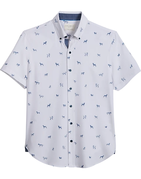 Con.Struct Slim Fit Short Sleeve Sport Shirt, White & Navy Dogs
