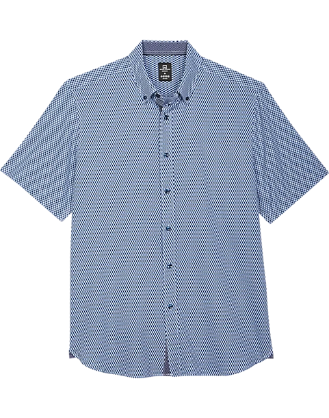 Michael Strahan Modern Fit 4-Way Stretch Short Sleeve Sport Shirt, Blue Cube Pattern