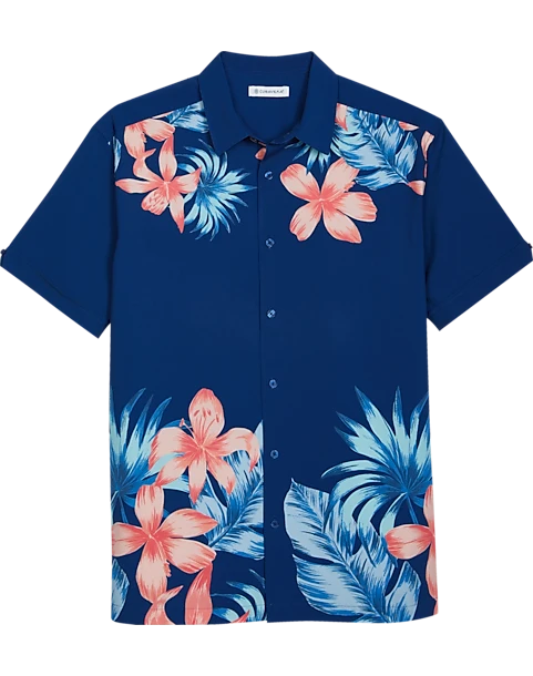 Cubavera Modern Fit 4-Way Stretch Sport Shirt, Navy Tropical Print