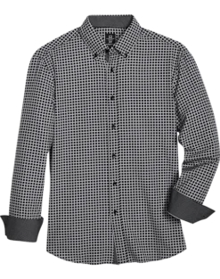 Michael Strahan Modern Fit Four-Way Stretch Sport Shirt, Black Grid