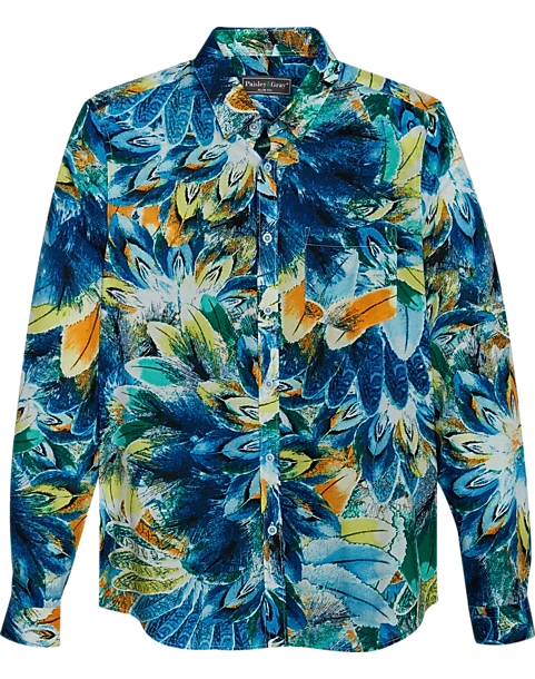 Paisley & Gray Slim Fit Button-Down Collar Sport Shirt, Blue And Yellow Feathers