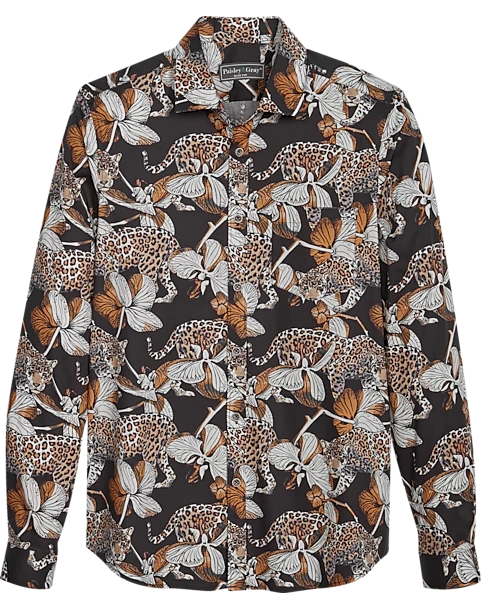 Paisley & Gray Slim Fit Spread Collar Sport Shirt, Black Leopard Print