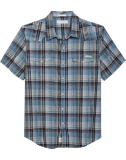 Lucky Brand Classic Fit Short Sleeve Western Sport Shirt, Blue Plaid