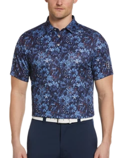 PGA Tour Classic Fit Printed Polo, Navy Fireworks