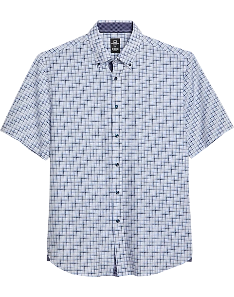 Michael Strahan Modern Fit 4-Way Stretch Short Sleeve Sport Shirt, White & Blue Tile