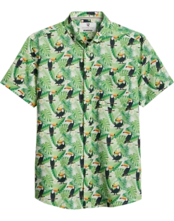 Report Collection Modern Fit Four-Way Stretch Short Sleeve Sport Shirt, Light Green Toucan Bird