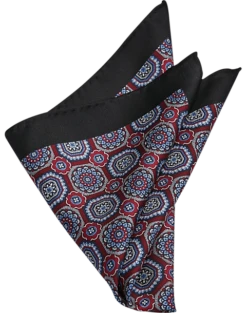 Joseph Abboud Silk Pocket Square, Black & Burgundy Medallion