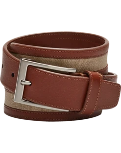 Joseph Abboud Leather And Linen Casual Belt, Tan & Brown